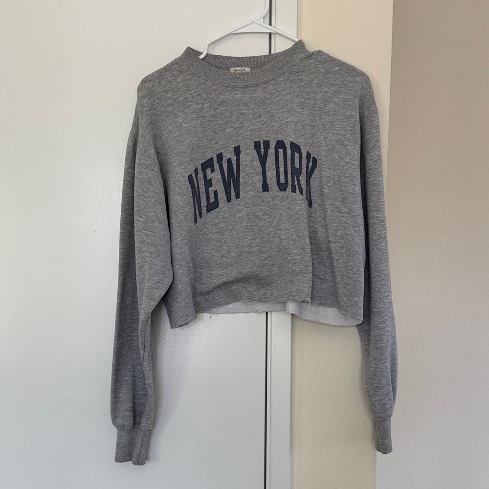 Brandy Melville Grey Cropped 'New York' Sweatshirt with Navy Lettering